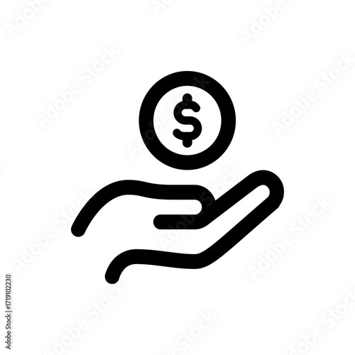 A graphic representation of a hand holding a coin with a dollar sign, symbolizing financial assistance