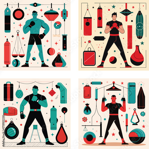 Boxing Training Vector Illustration, Fighter Workout Gym Equipment, Combat Sports and Martial Arts Design