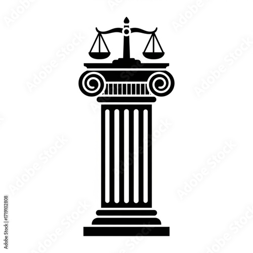 Vector art of black and white illustration of scales of justice on a classical column