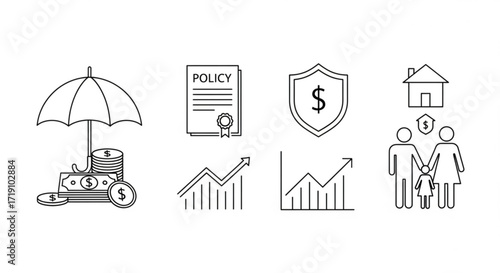 Set of financial and insurance icons representing security, growth, policy, and family protection