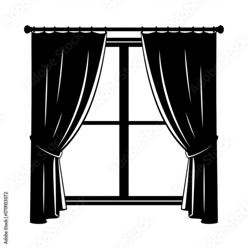Vector art of black curtains hanging on a window rod, tied back with sashes