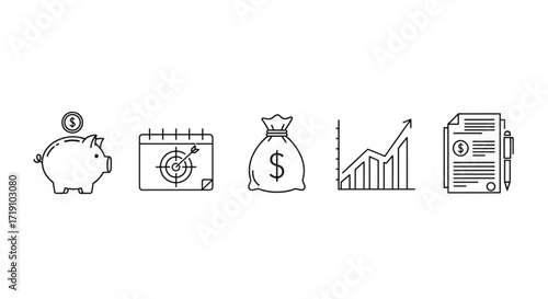 Financial planning icons representing savings, goals, growth, and success with a touch of business strategy