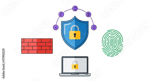 Digital Security Protection Icons Shield, Fingerprint, Firewall, and Laptop Symbol