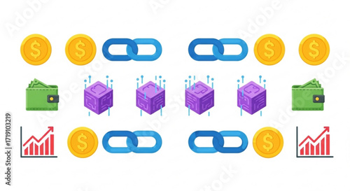Blockchain Technology Icons and Cryptocurrency Symbols for Digital Finance