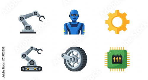 Collection of industrial and robotic icons including robot arms, gears, and microchips