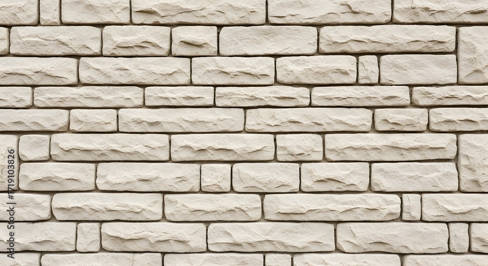 Obraz premium Textured beige stone wall featuring irregularly shaped bricks arranged in a uniform pattern