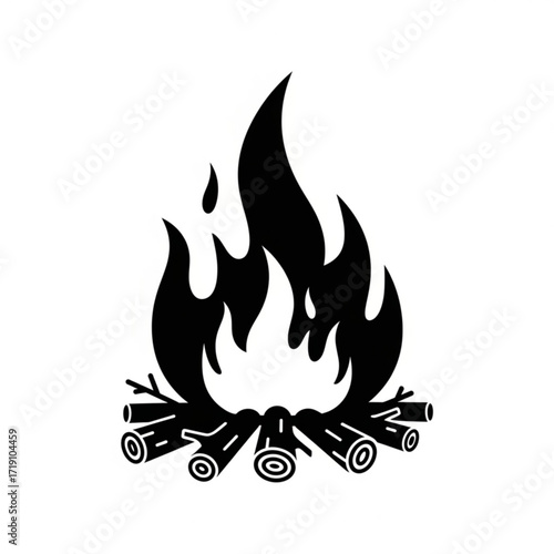 Vector art of black and white illustration of a campfire with logs