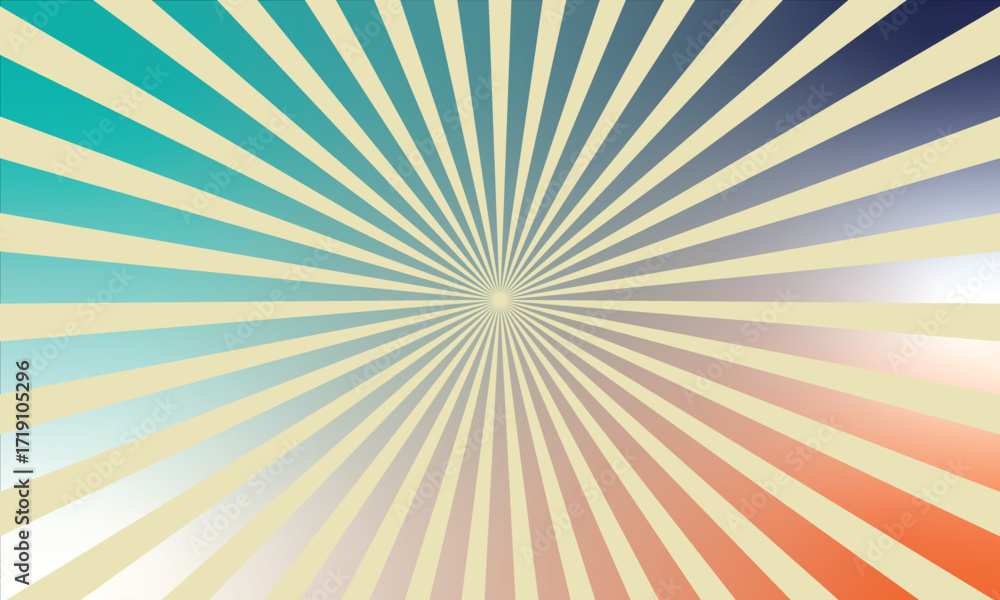 Fototapeta premium Radiant vintage sunburst with gradient teal, orange, and cream retro-inspired design pattern