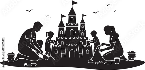 Family Building Sandcastle Silhouette Vector