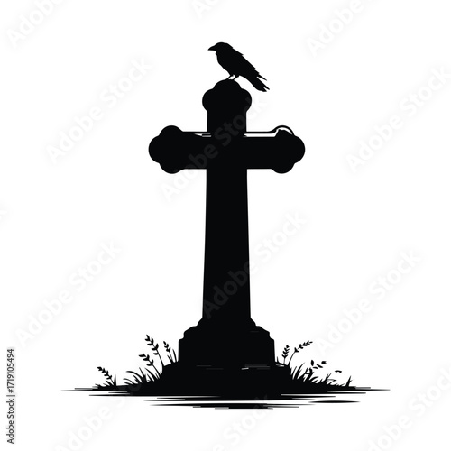 Mysterious Gothic scene featuring a raven perched upon an old weathered gravestone cross