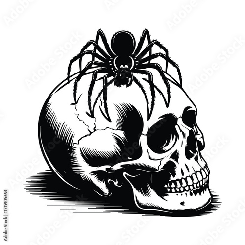 Monochrome skull with a large spider crawling on top representing death and fear