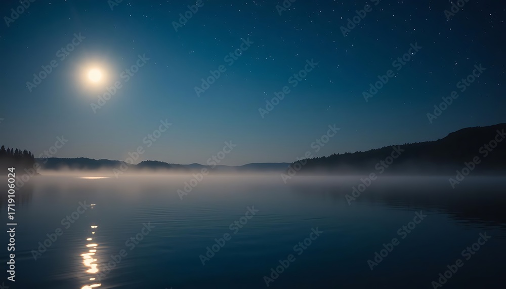 Fototapeta premium Peaceful Lunar Landscape with Moonlight Reflections on Calm Water – Dreamy Cinematic Stock Photo