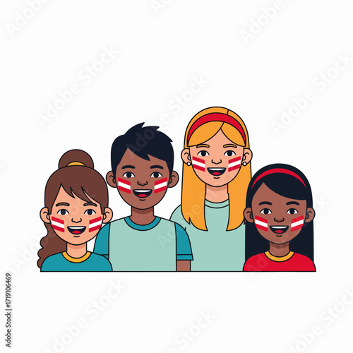 Diverse group of enthusiastic young fans displaying painted faces cheering for their team