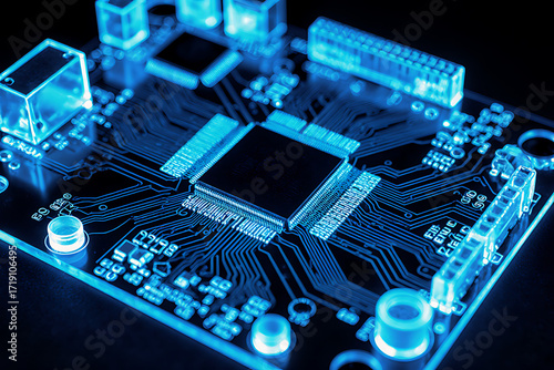 Detailed close-up of a blue electronic motherboard with chips and circuits