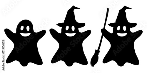 Logo con grupo de fantasmas con sombrero de bruja y escoba para felicitaciones y tarjetas de Halloween