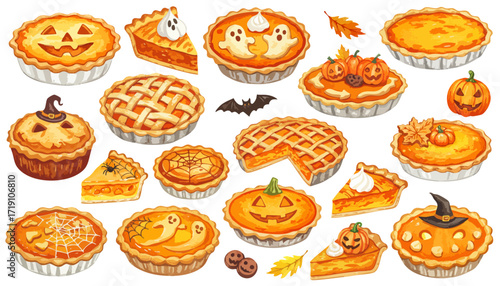 色々なハロウィンのパンプキンパイの水彩風手書きイラストセット / おしゃれなベクターイラスト
