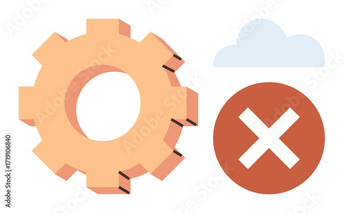 Gear, red cross, and cloud highlight system error, configuration problem, or failure. Ideal for technology, software, operations cloud services troubleshooting business logic reliability. Simple