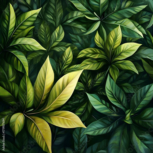 Wallpaper Mural Close-up of vibrant green tropical leaves with varying shades of yellow and green tones, creating a lush and textured backdrop for nature-themed designs or eco-friendly concepts Torontodigital.ca