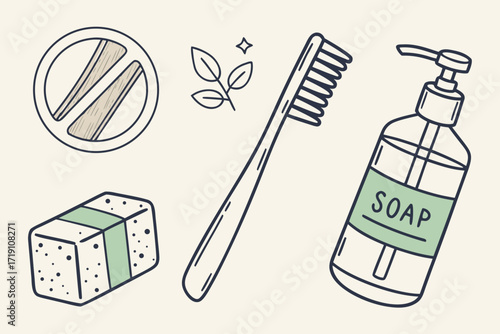 A diverse vector set of icons and illustrations for cosmetic, food, and medical health products and tools