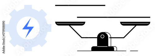 Mechanical gear with a lightning bolt adjacent to a balance scale. Ideal for energy, efficiency, decision-making, technology, stability, innovation, balance. Simple flat metaphor