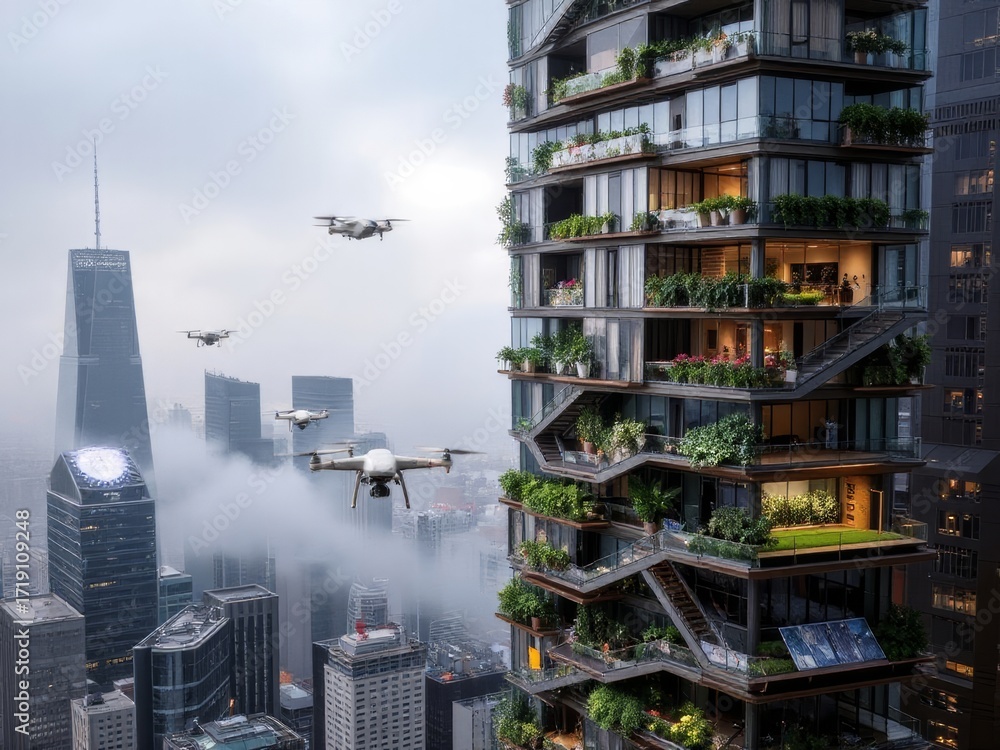 Obraz premium Modern skyscraper with balconies and drones flying in cityscape