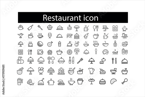 Restaurant and food service icon set. Thin line editable stroke icons for menus, meals, dining, drinks, cafes, bars, delivery, culinary branding, types of food and restaurants