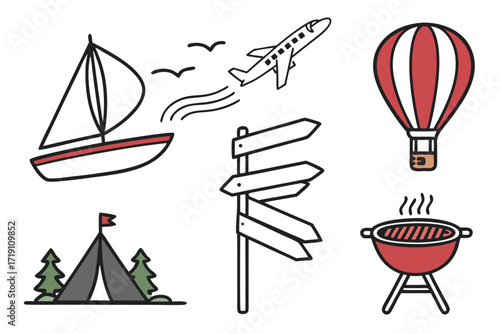 Hand drawn vector set of nautical icons with sailboats and anchors for a summer vacation