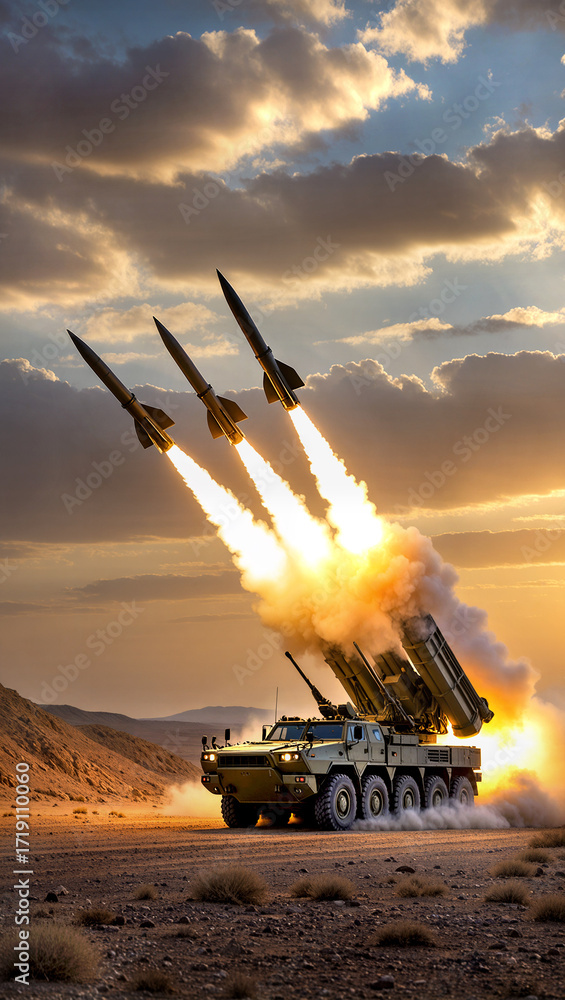 Obraz premium A military missile laucher in dessert firing missiles into the sky against dramatic sunset sky background