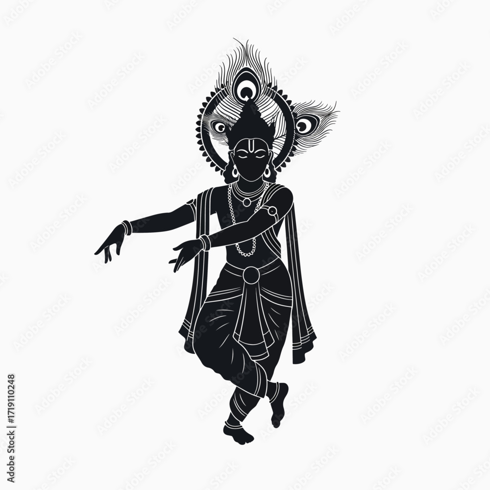 Fototapeta premium Artistic Representation of a Divine Figure Dancing with Peacock Feathers and Traditional Garb