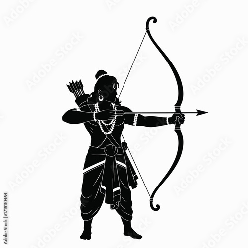 Ancient Warrior Draws Bow Aiming Arrow at Distant Target in Silhouette