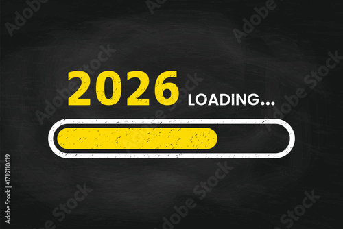 2026 Loading Concept with Solid Progress Bar on Chalkboard Background with Yellow Chalk Effect