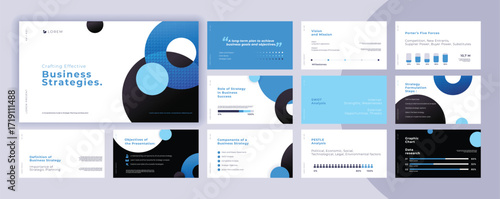 Abstract powerpoint presentation templates set, blue color identity presentation background, banner template, brochure, landing page, company profile, business design package set, vector illustration.