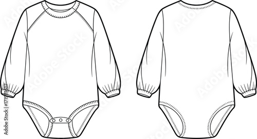 Baby onesie vector flat sketch with raglan long sleeves, elastic cuffs, infant clothing design, fashion apparel template for garment construction illustration