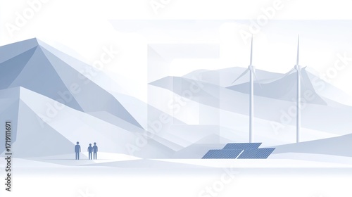 Geometric mountains frame a landscape featuring two wind turbines multiple solar panels and three human figures