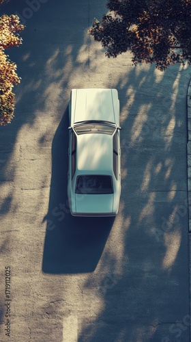A top-down view of a car parked in an empty parking lot