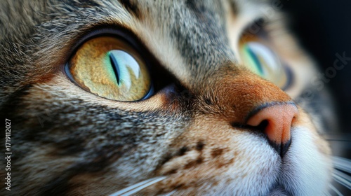 Close up of a cat's face with striking green eyes. Concept of pets and animal beauty.