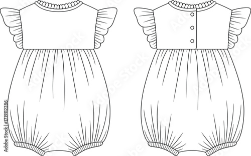 Baby romper vector flat sketch with flutter sleeves, gathered bodice, infant clothing design, fashion apparel template for garment illustration drawing