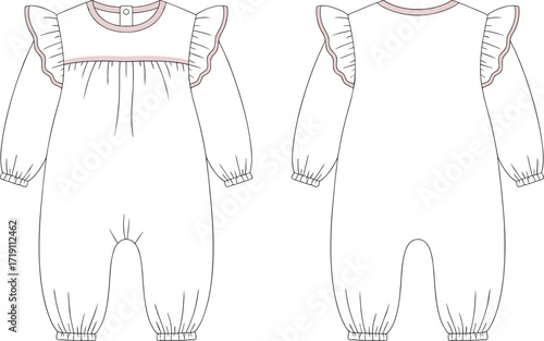 Baby romper vector flat sketch with ruffle shoulder detail, long sleeve infant jumpsuit design, fashion apparel template for garment illustration drawing