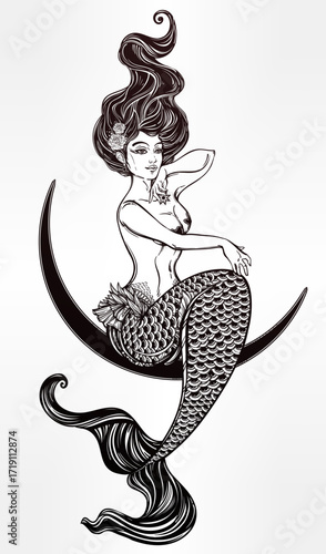 Elegant Mermaid Moon Tattoo Design