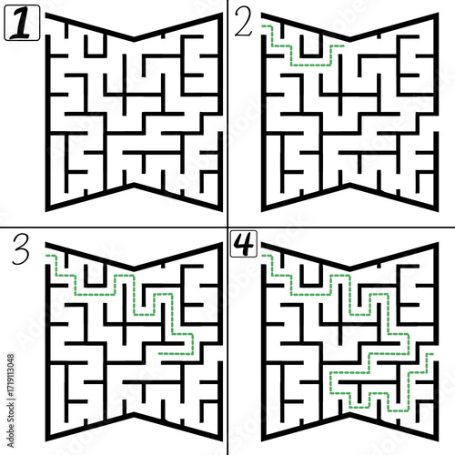 Illustration with labyrinth, maze conundrum for kids. Baby puzzle with entry and exit. Children puzzle game. 4 steps to complete the maze.