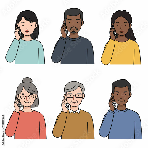Diverse group of people of various ages and ethnicities talking on mobile phones, illustrating communication and connection.