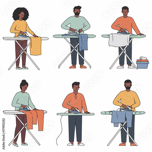 Diverse individuals engaged in ironing clothes, demonstrating shared household chores and domestic life responsibilities with a focus on equality and everyday tasks.