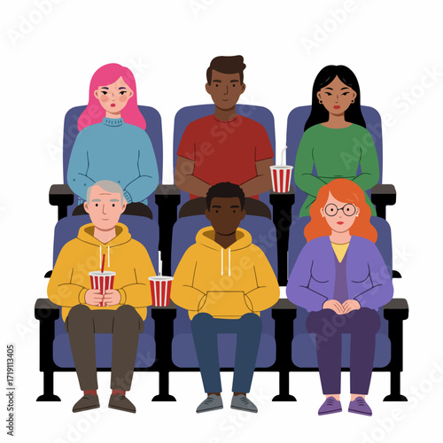 Diverse group of six people enjoying a movie in a cinema theater, with popcorn and drinks, depicting a modern entertainment experience.