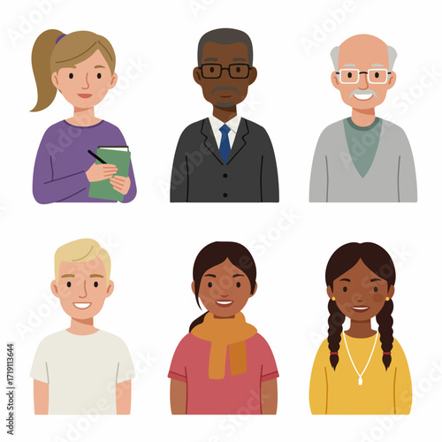 Smiling diverse people avatars representing different ages, genders, and ethnicities in a flat vector style.