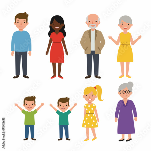 Diverse Happy Family Group Illustration: Adults, Seniors, and Children Together, Representing Multi-Generational Community and Interracial Relationships.