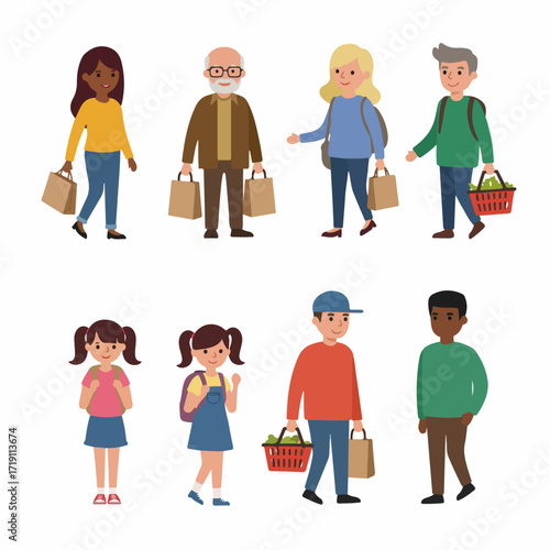 Diverse group of smiling people from different age groups and ethnicities, carrying shopping bags and baskets, representing community and consumer activities in a flat vector illustration.
