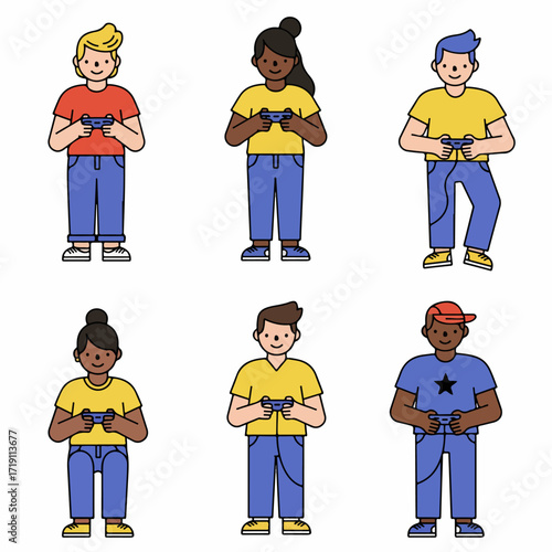Diverse group of smiling cartoon kids and teens enjoying video games with controllers, showcasing digital entertainment and modern gaming culture.