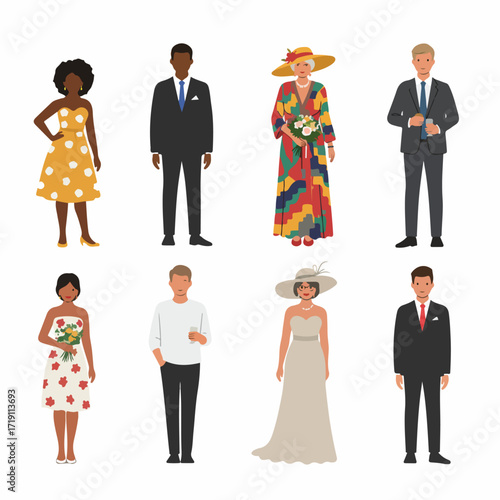 Diverse group of people in formal and semi-formal attire, representing various ages and backgrounds, gathered for a social event or celebration.