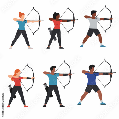 Diverse Archers Practicing with Bows and Arrows: A Set of Flat Vector Illustrations Featuring Men and Women in Action.