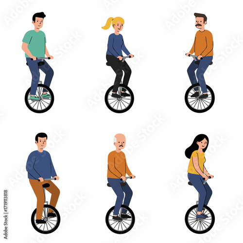 Diverse group of people of various ages riding unicycles, demonstrating balance, skill, and alternative urban mobility in a cheerful flat vector illustration.